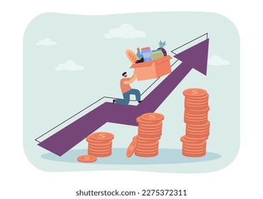 Man pushing grocery basket up vector illustration. Prices increase diagram, arrow going up, piles of coins. Rising inflation, recession in Europe, financial crisis, economy concept