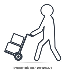 Man pushing hand cart with crate symbol, Icon vector illustration