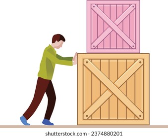 man pushing a heavy wooden container. vector illustration, Businessman pushing big white box on isolated white background, Hard worker pushes a big box. Service moving. Worker in uniform. Vector illus