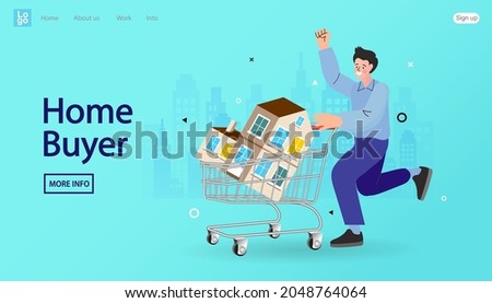 man pushing house inside shopping cart. Home buyer, purchasing new house, real estate, property investment or mortgage concept. Real estate template. Property purchase. Vector isolated illustration.