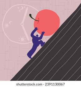 A man pushing a huge apple up the mountainside.