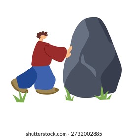 Hombre Empujando Enorme Piedra de Rock Pesado. Trabajo duro y concepto de perseverancia. Carácter Determinado Superando Obstáculos y Desafíos de Profesional. Fuerza y Esfuerzo para Alcanzar El Éxito.