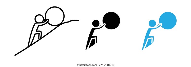 Man Pushing Large Boulder Uphill Icon Set Representing Hard Work, Perseverance, and Goal Achievement Vector Illustration Isolated on White