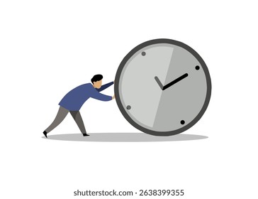 Homem empurrando uma ilustração de relógio grande, o conceito de gestão de tempo, prazo, esforço para controlar ou diminuir o tempo. Adequado para apresentação, infográfico e outras ilustrações