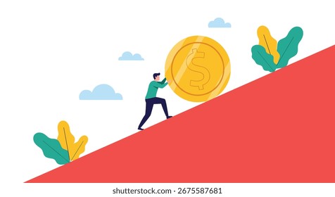 Man pushing large golden coin up steep red hill towards success with green plants
