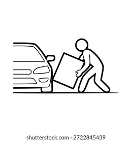 Homem empurrando grande objeto ao lado de um carro