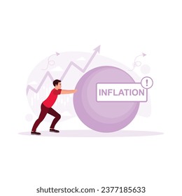 Man pushing a large rock with an inflation sign. The concept of crisis and anti-crisis management. Inflation concept. trend modern vector flat illustration 