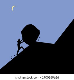 Man pushing large stone up hill, hard work at night, vector illustration