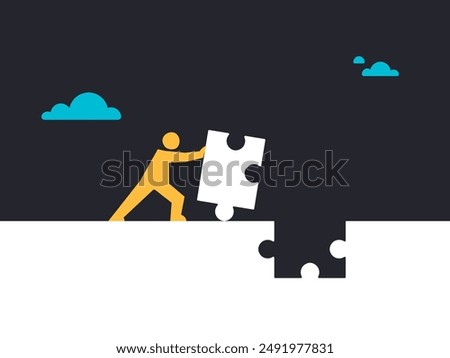 A man is pushing the last piece of puzzle. Isolated Vector Illustration