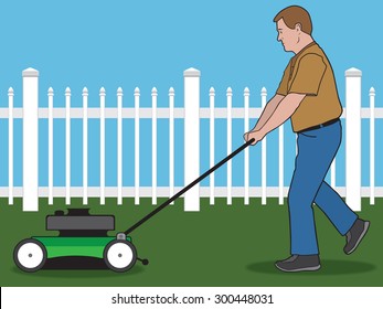 Man pushing lawn mower across yard