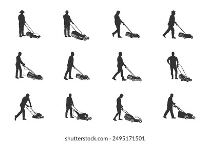 Man pushing lawn mower silhouette, Man mowing lawn silhouette, Lawn mowing silhouette, Man pushing lawnmower vector set. 