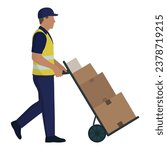Man pushing a loaded hand cart, warehouse worker, isolated