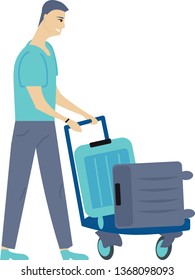 Man pushing luggage cart with blue cases. Smiling man traveling alone. Tourist with baggage in airport. Guy going to summer vacation or business trip. Flat cartoon vector illustration