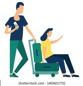Man pushing luggage cart with girl sitting on suitcases. Tourists with baggage arrival or departure. Boy with girlfriend traveler. Couple going to honeymoon. Flat cartoon vector illustration