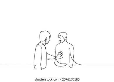 man pushing the other away from himself - one line drawing vector. concept of unrequited love, refusal by dress code, unwillingness to communicate, isolate from people, be angry