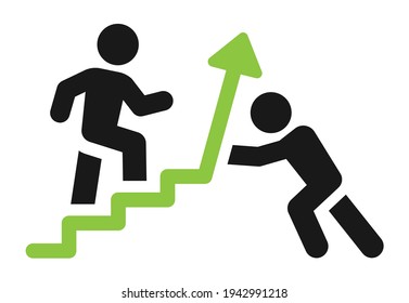 Man pushing other man walking on the stairs, on a rising graph. Success, idea, growth business and strategy vector icon illustration.