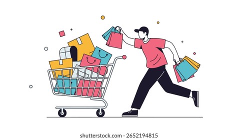 Homem empurrando carrinho de compras sobrecarregado cheio de pacotes e bolsas com emoção