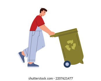 Man pushing plastic litter bin on wheels, flat cartoon vector illustration isolated on white background. Saving environment, ecology and recycling concept.