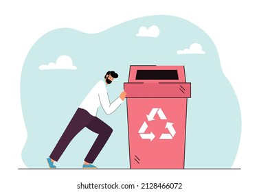 Man Pushing Recycle Bin Container With Recycling Sign. Tiny Person Cleaning Environment From Garbage And Trash Flat Vector Illustration. Ecology Concept For Banner, Website Design Or Landing Web Page