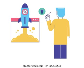 Man pushing remote for launching project rocket website, modern economic industry. Vector flat illustration