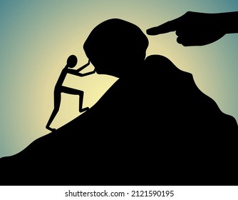 man pushing rock or boulder up, big hand pushing it down, struggle concept, vector illustration