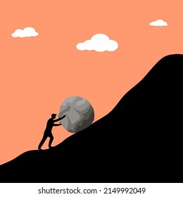 Un hombre empujando y rodando una gran piedra hasta la montaña en un diseño plano. Ilustración vectorial del concepto de desafío de trabajo duro.