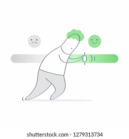 Man pushing satisfaction or loading progress level bar slider between smiley and upset customer face. Rating or review ranking bar, feedback rate emoticon illustration concept. Outline vector on white