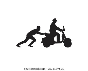 Un hombre empujando una moto mientras una persona monta, simbolizando el trabajo en equipo y el progreso en una búsqueda dinámica.