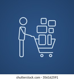 Man pushing shopping cart with boxes line icon for web, mobile and infographics. Vector light blue icon isolated on blue background.