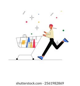 Man Pushing Shopping Cart With Colorful Bags In Flat Vector Illustration Symbolizing Shopping, Retail Therapy, And Consumer Activity, Isolated On White Background.