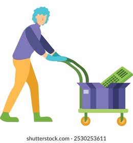 Hombre empujando el Carrito de compras con el icono de la electrónica