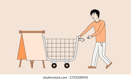 A man is pushing a shopping cart and empty board around him. The man is wearing an orange shirt and white pants