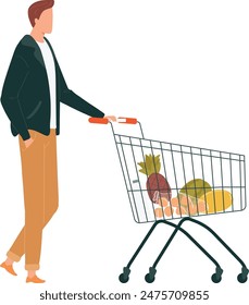 Man pushing shopping cart filled groceries. Casual dressed shopper grocery shopping vector illustration. Male customer supermarket cart fruits vegetables isolated white background