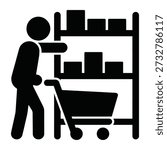 Man pushing shopping cart in front of shelves stocked with boxes icon