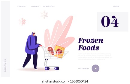 Man Pushing Shopping Cart with Frozen Food Packaging in Supermarket Website Landing Page. Customer Purchase Refrigerated Meat and Vegetables in Store Web Page Banner. Cartoon Flat Vector Illustration