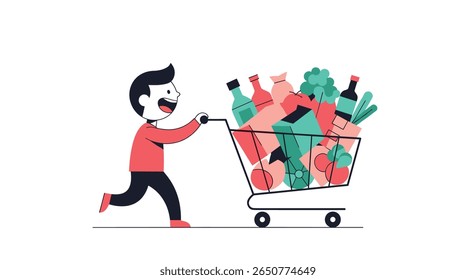 Man pushing shopping cart full of groceries and other products