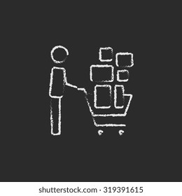 Man pushing shopping cart hand drawn in chalk on a blackboard vector white icon isolated on a black background.