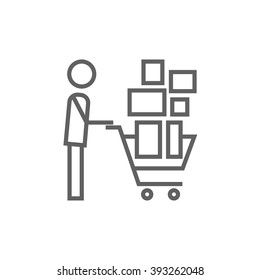 Man Pushing Shopping Cart Line Icon.