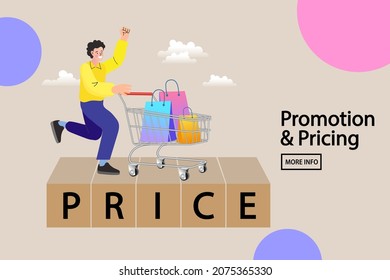 Man pushing shopping cart and paper bag. black friday big sale promotion discount. People shop online. E-commerce and online shopping. discounts banner. vector illustration