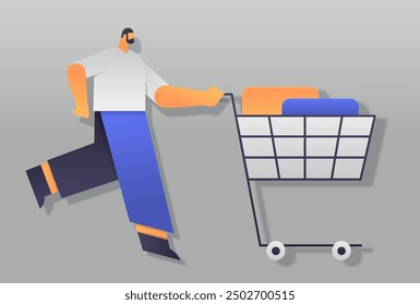 Man pushing shopping cart paper cut style illustration. Person with beard wearing white shirt blue pants pushing cart with items grey background