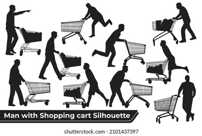 Man Pushing Shopping Cart Silhouette