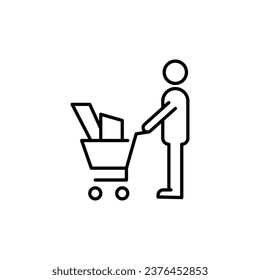 Man pushing shopping cart vector sketch icon isolated on background. Hand drawn Man pushing shopping cart icon. Man pushing shopping cart sketch icon for infographic, website or app.