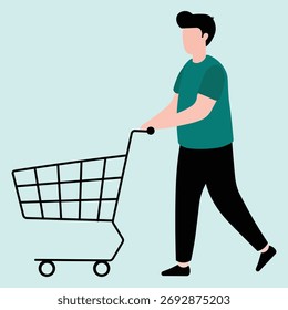 Man Pushing Shopping Cart Vector Illustration