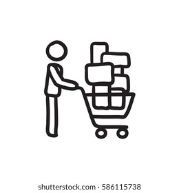 Man pushing shopping cart vector sketch icon isolated on background. Hand drawn Man pushing shopping cart icon. Man pushing shopping cart sketch icon for infographic, website or app.