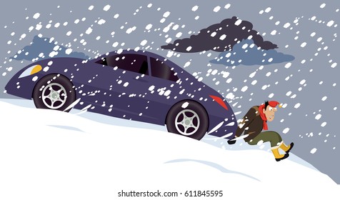 Man pushing a stalled car under a heavy snow, EPS 8 vector illustration