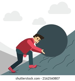 Mann, der einen Stein schiebt. Harte Arbeit, Erfolg, Überwindung von Widrigkeiten Konzept. Der Geschäftsmann drückt einen großen und schweren Stein auf den Hintergrund von Himmel und Wolken. Der Mensch lächelt, lacht erfüllt die Aufgabe.