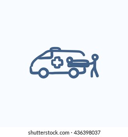 Man pushing stretcher with patient in ambulance car vector sketch icon isolated on background. Hand drawn ambulance car icon. Ambulance car and patient sketch icon for infographic, website or app.