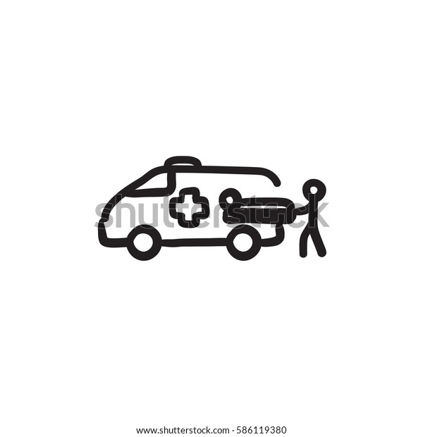 Man pushing stretcher with patient in ambulance car\
vector sketch icon isolated on background. Hand drawn ambulance car\
icon. Ambulance car and patient sketch icon for infographic,\
website or app.