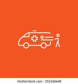 Man pushing stretchers with patient in ambulance car line icon for web, mobile and infographics. Vector white icon isolated on red background.