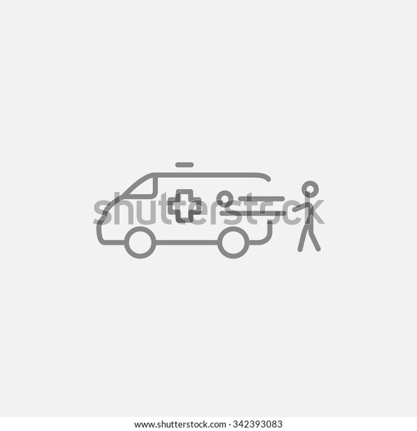 Man pushing stretchers with patient in\
ambulance car line icon for web, mobile and infographics. Vector\
dark grey icon isolated on light grey\
background.